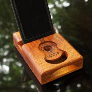 Macacauba wood speaker with a carved guitar